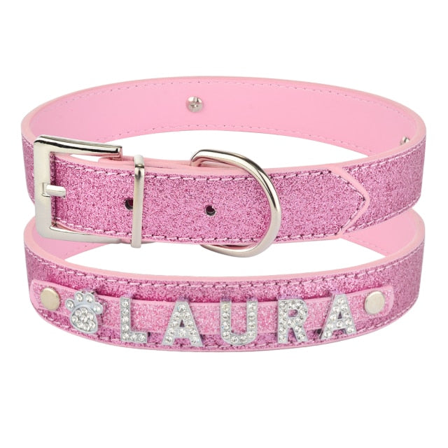 Personalized Leather Rhinestone Charms Pet Collar